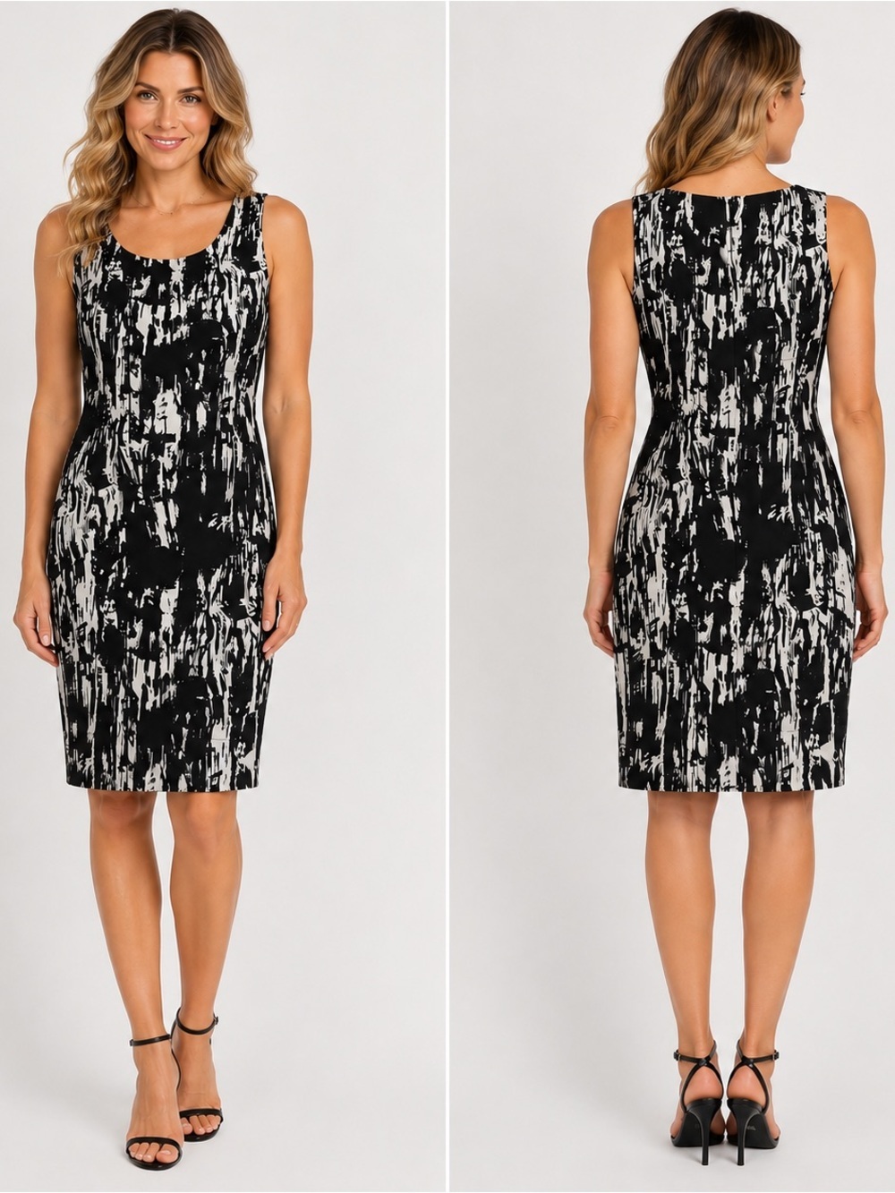 Metrostyle Womens 16 Black White Abstract Sheath Dress Sleeveless Career Lined
